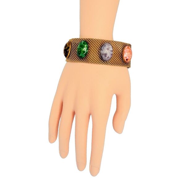 VTG Sarah Coventry Glass Cabochon Mesh Bracelet 8" Gold Tone Wide Multicolor - Picture 11 of 14